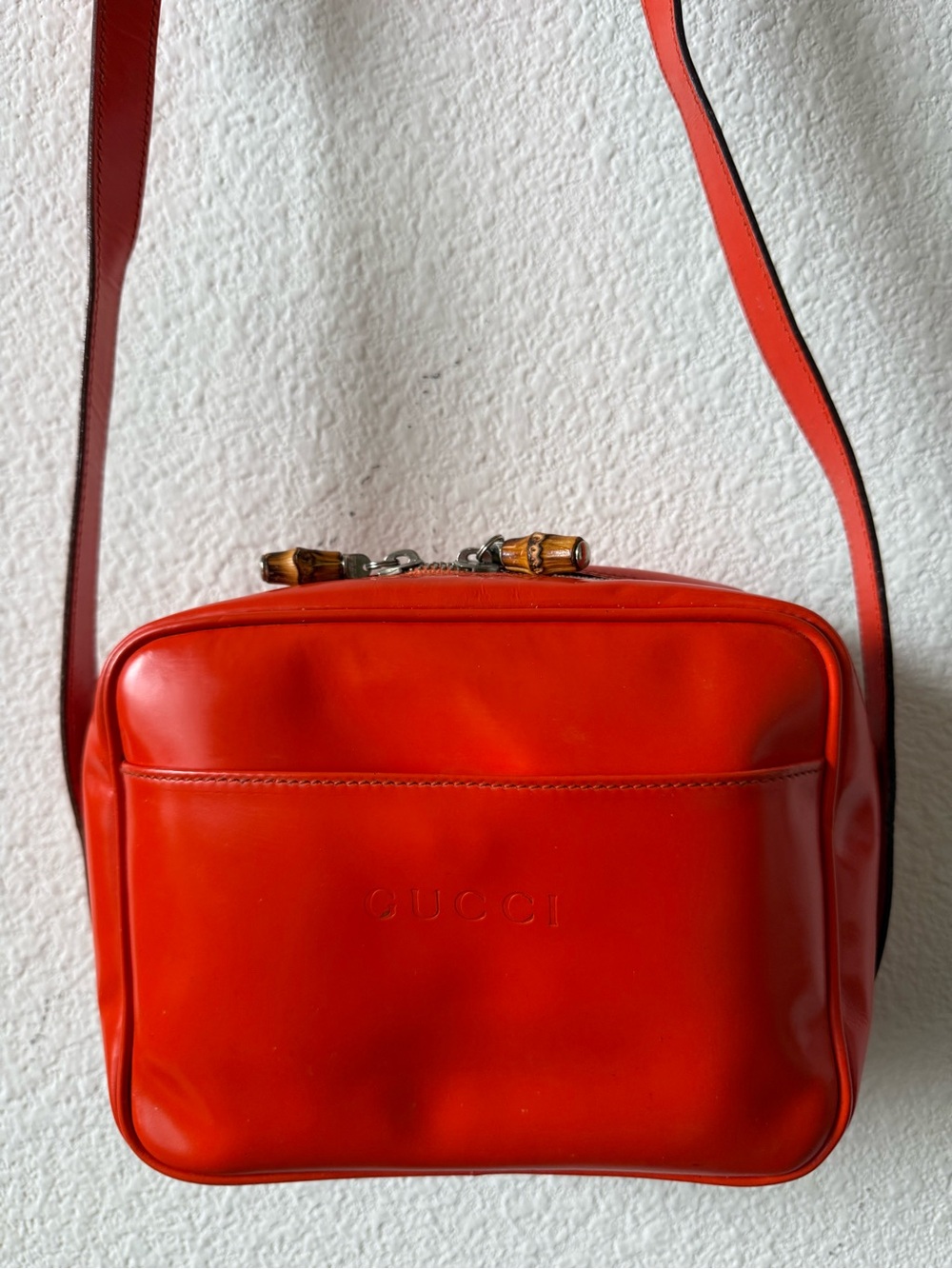 Vintage Gucci Bamboo Crossbody Camera Bag Red Orange Leather Rare 80s 90s